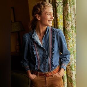 Boden Blue Isla Denim Frill Detail Blouse Size: 6